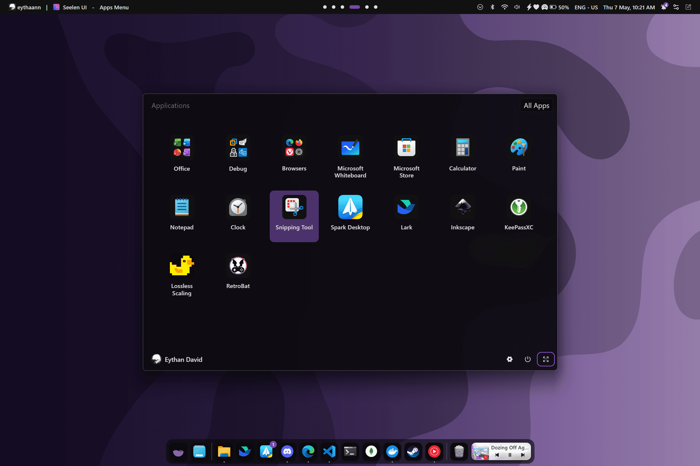 Seelen UI custom start menu with pinned apps and search bar