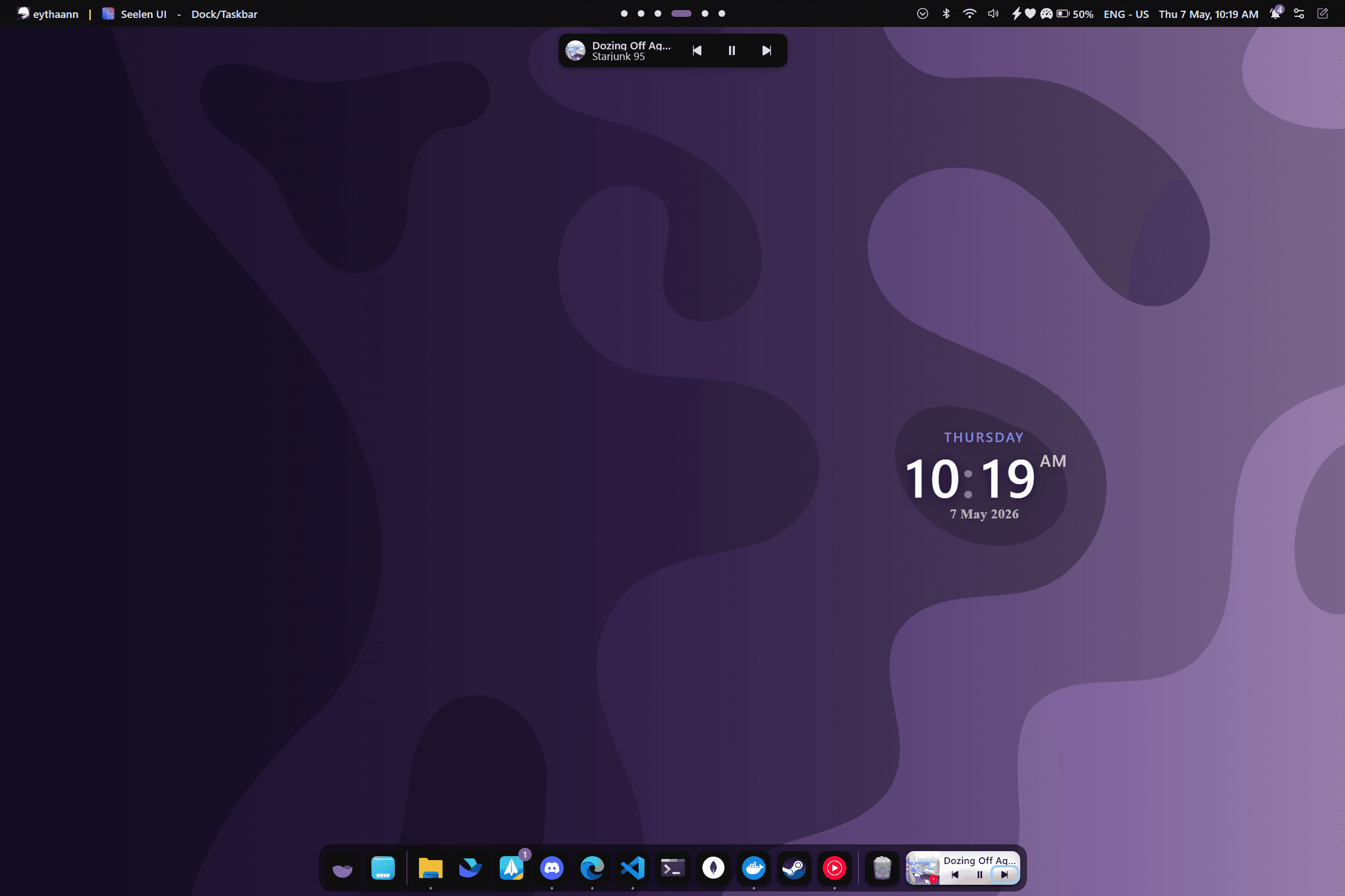 Seelen UI custom dock and status bar on Windows 11 desktop