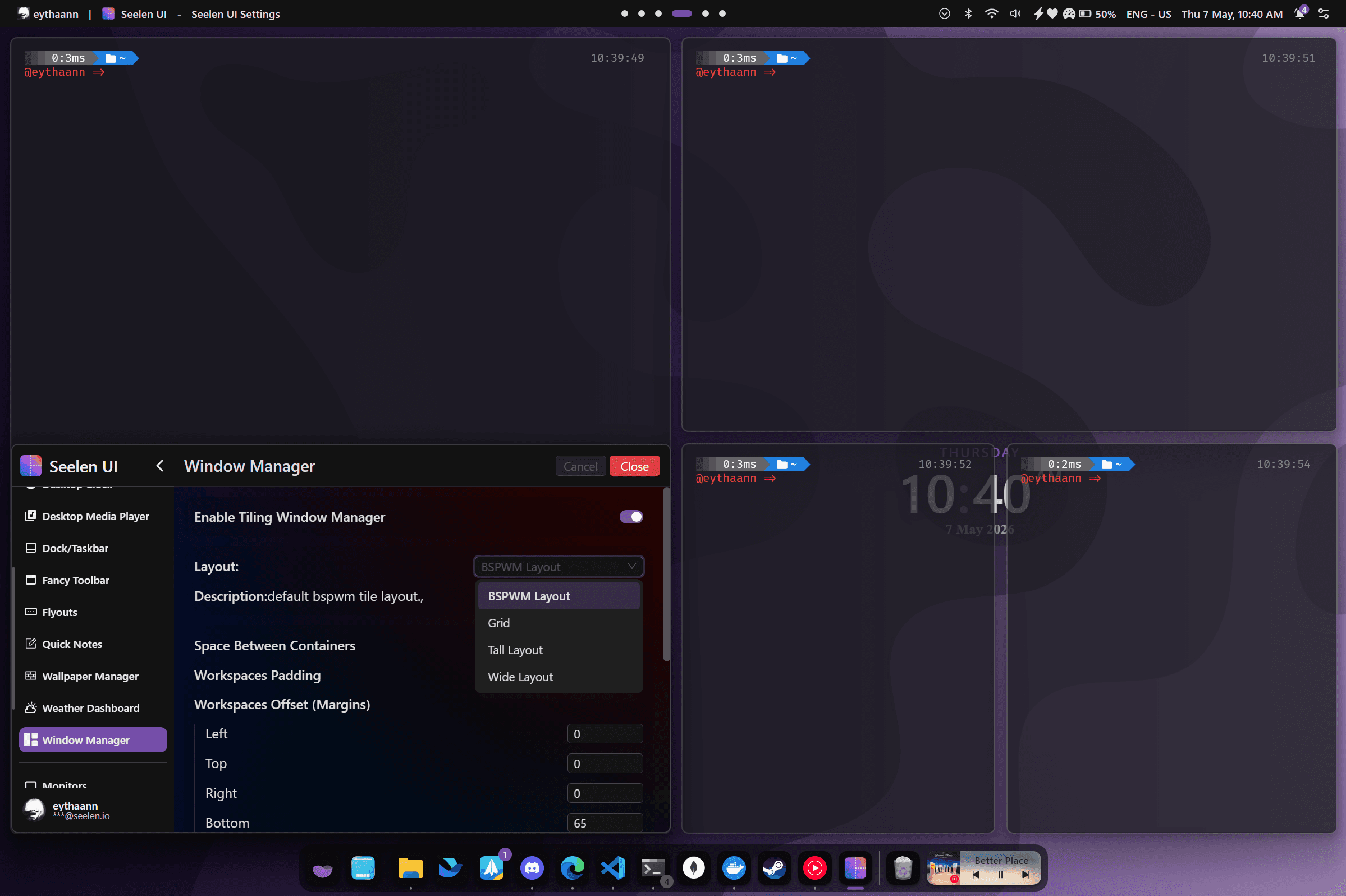 Four tiling layouts — BSPWM, Tall, Wide, and Grid showing different window arrangements