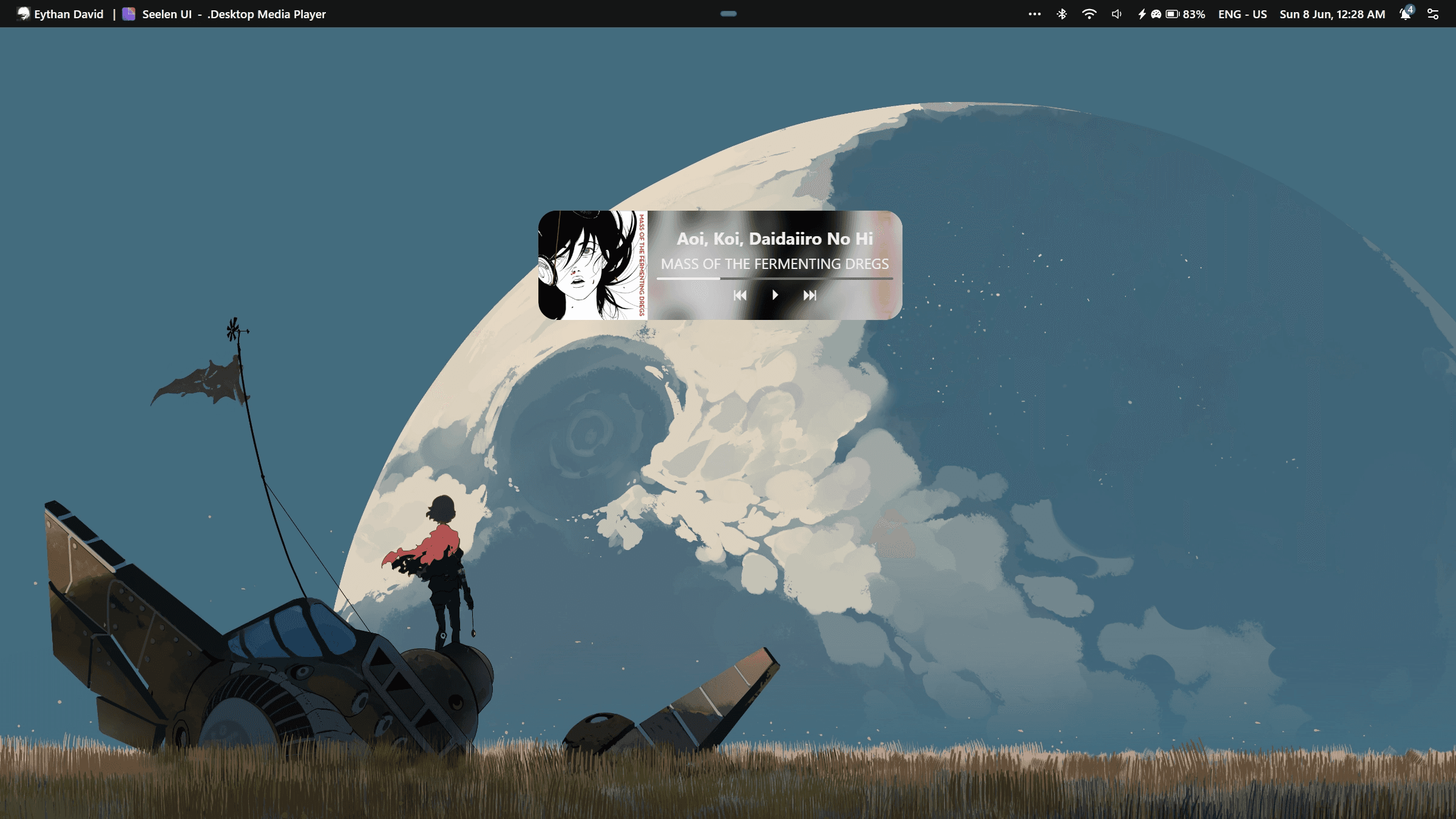 Media player widget showing album art and playback controls on Windows desktop