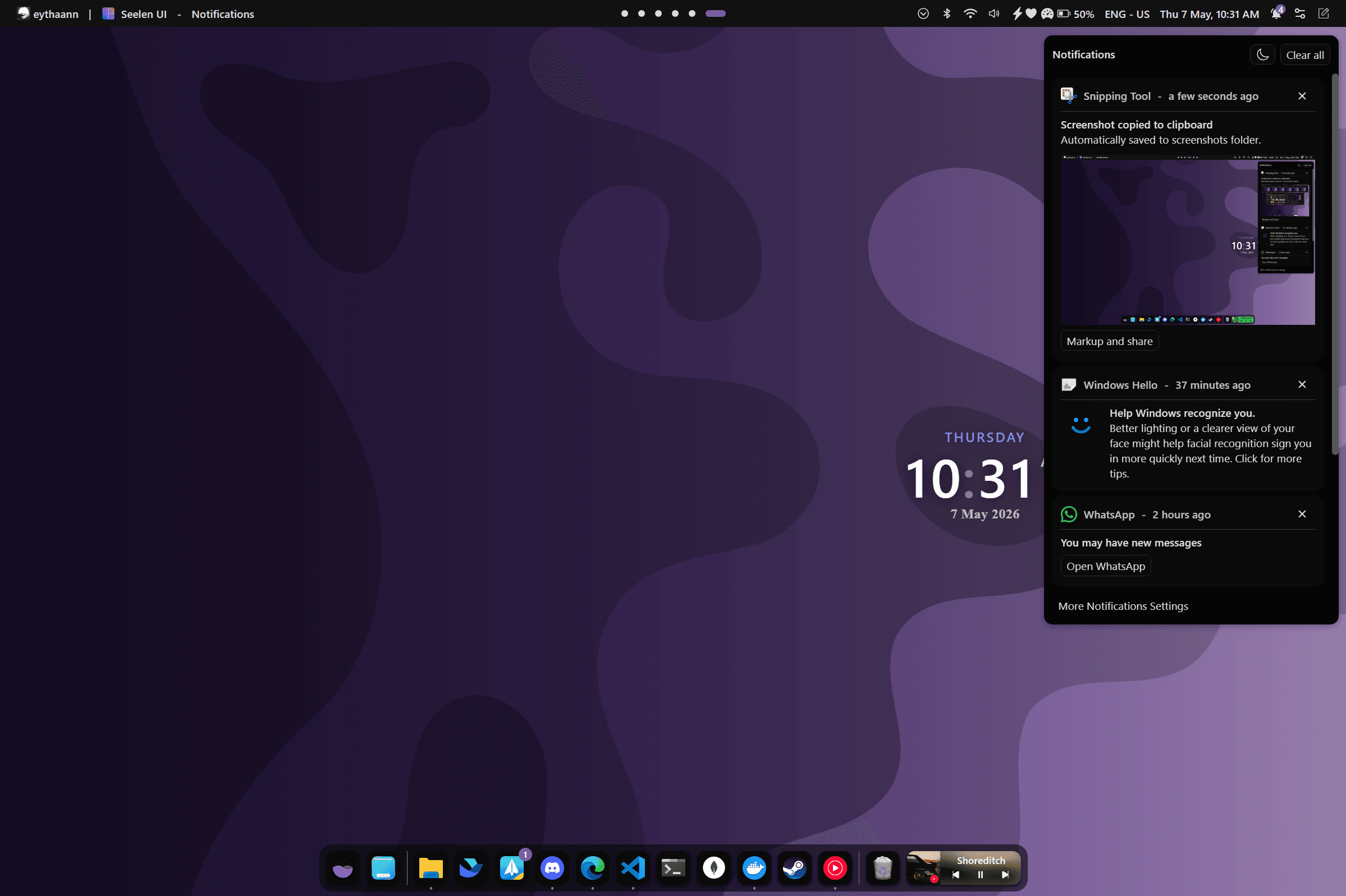 Notification center and quick settings panel with Wi-Fi and Bluetooth toggles
