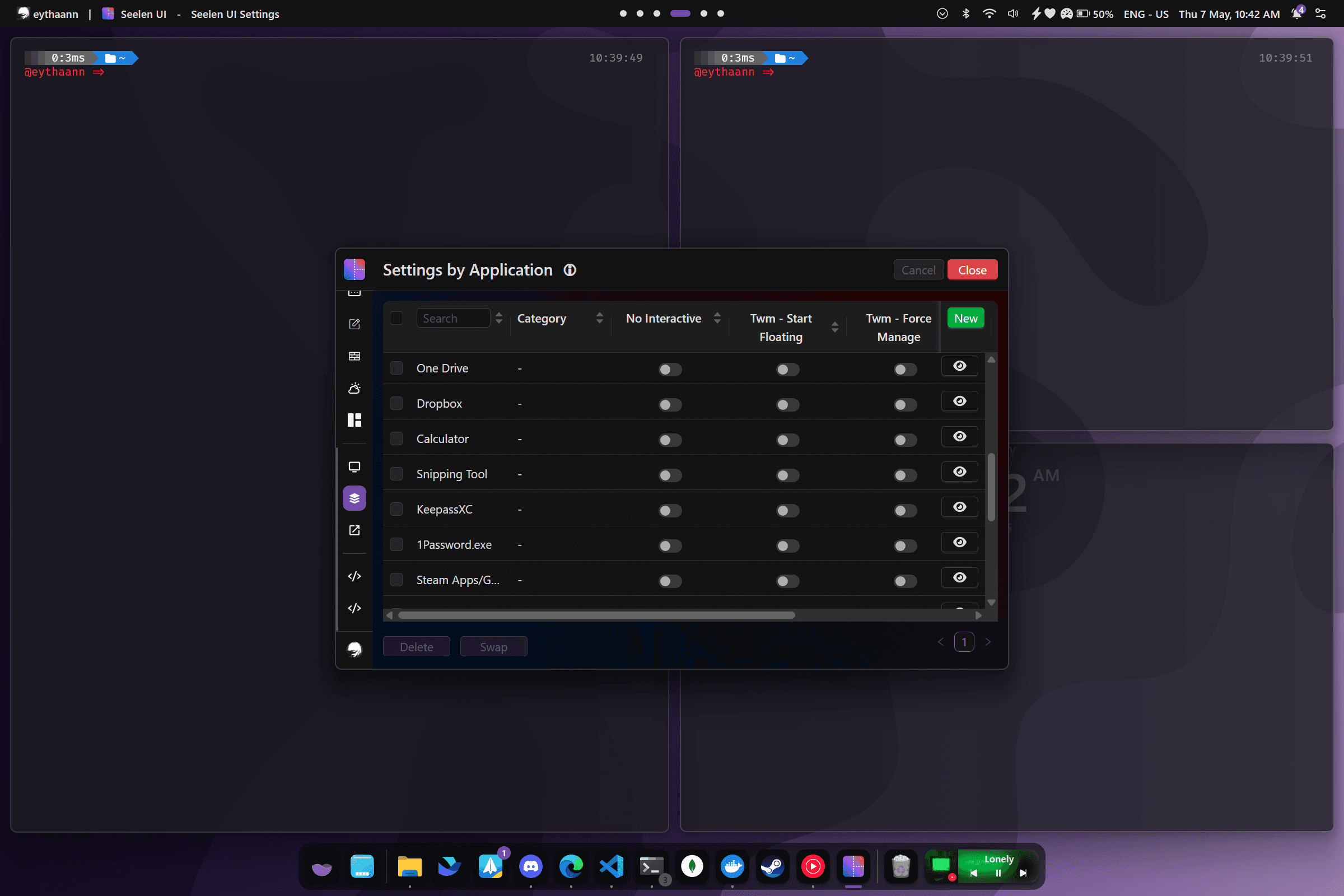 Per-app rules configuration panel in Seelen UI settings