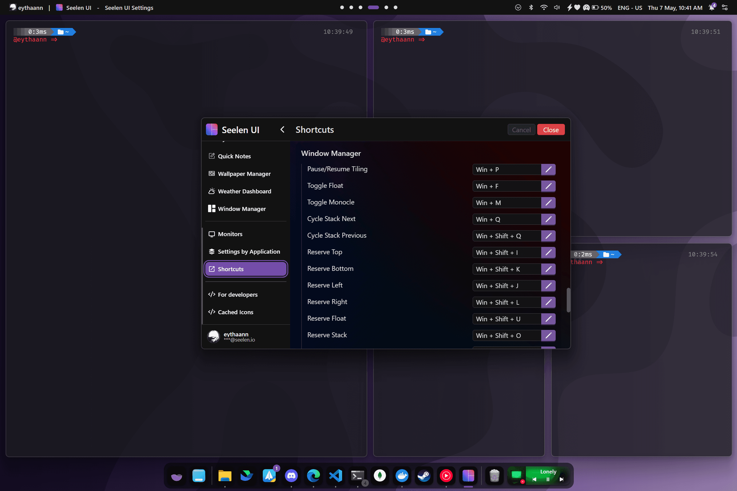 Keyboard shortcut overlay showing tiling window manager navigation keys